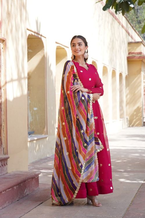 Picture of Grand Faux Blooming Pink Readymade Gown With Dupatta
