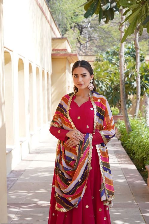 Picture of Grand Faux Blooming Pink Readymade Gown With Dupatta