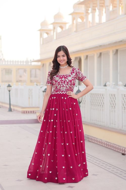 Picture of Bewitching Faux Blooming & Viscose Deep Pink Readymade Gown With Dupatta