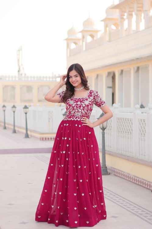 Picture of Bewitching Faux Blooming & Viscose Deep Pink Readymade Gown With Dupatta