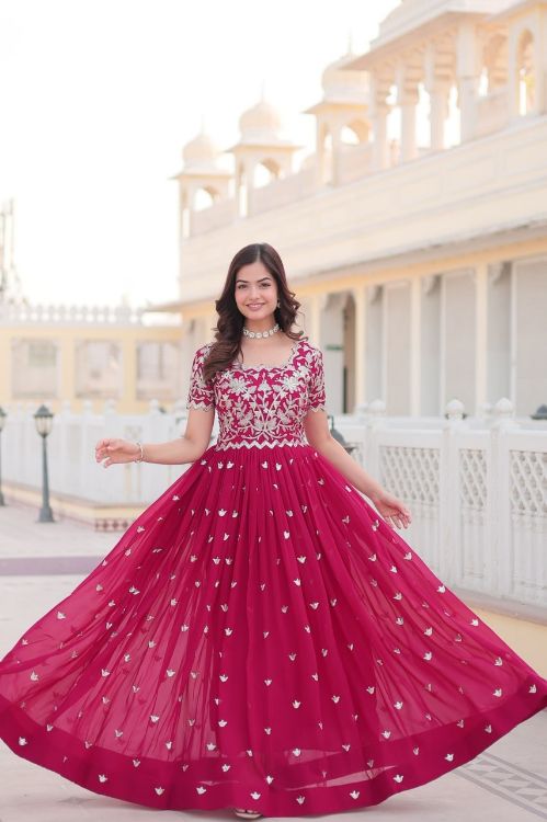 Picture of Bewitching Faux Blooming & Viscose Deep Pink Readymade Gown With Dupatta