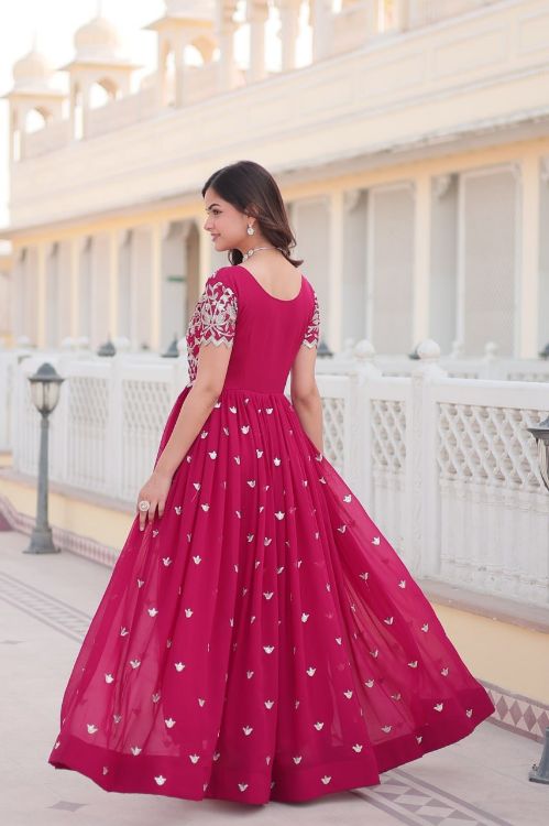 Picture of Bewitching Faux Blooming & Viscose Deep Pink Readymade Gown With Dupatta