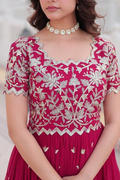 Picture of Bewitching Faux Blooming & Viscose Deep Pink Readymade Gown With Dupatta