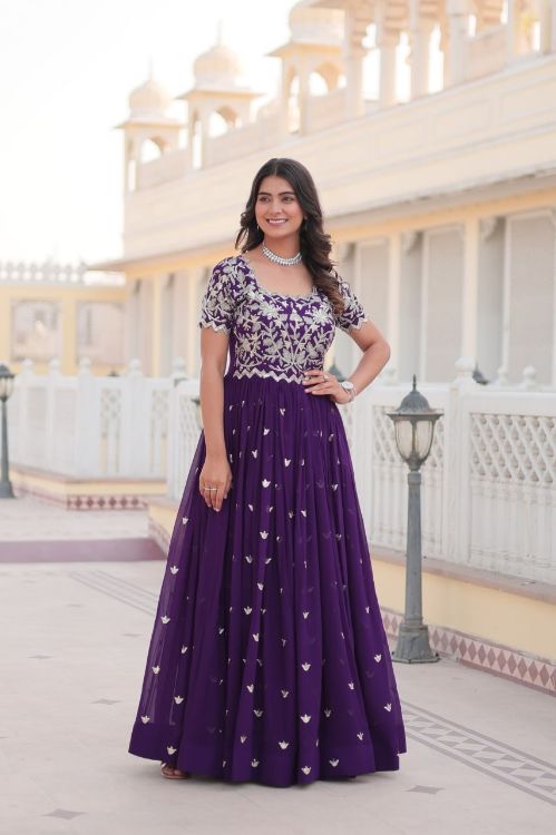 Picture of Lovely Faux Blooming & Viscose Purple Readymade Gown With Dupatta
