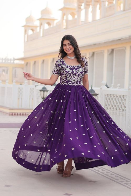 Picture of Lovely Faux Blooming & Viscose Purple Readymade Gown With Dupatta