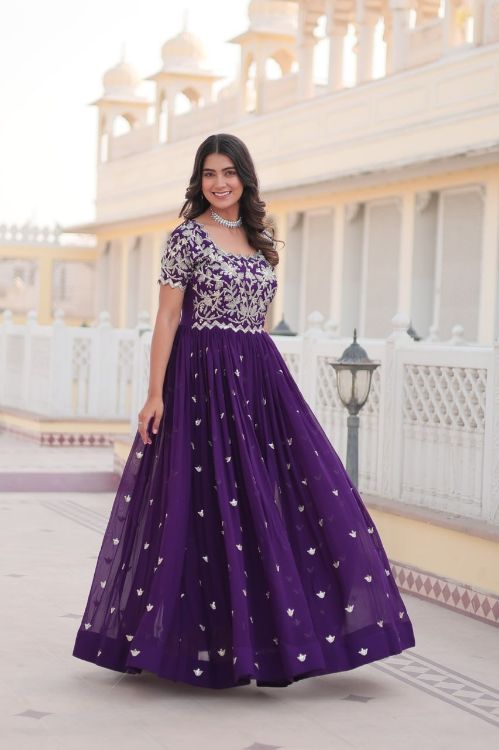 Picture of Lovely Faux Blooming & Viscose Purple Readymade Gown With Dupatta