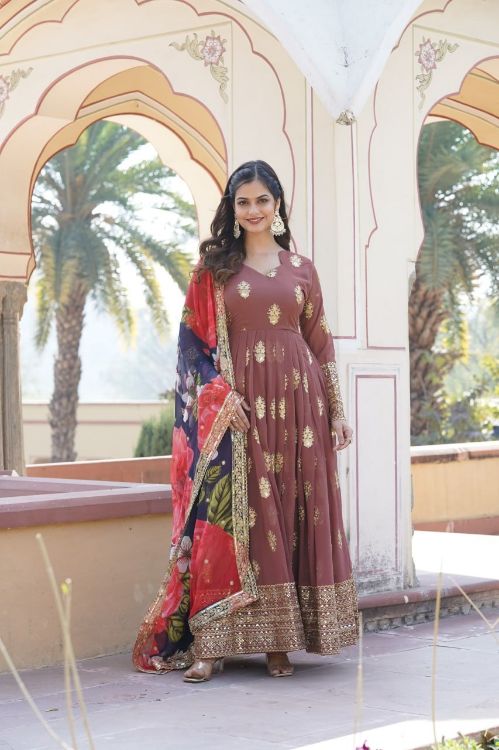 Picture of Gorgeous Faux Blooming & Viscose Maroon Readymade Gown With Dupatta