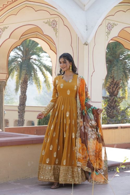 Picture of Resplendent Faux Blooming & Viscose Yellow Readymade Gown With Dupatta