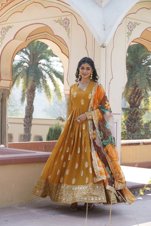 Picture of Resplendent Faux Blooming & Viscose Yellow Readymade Gown With Dupatta