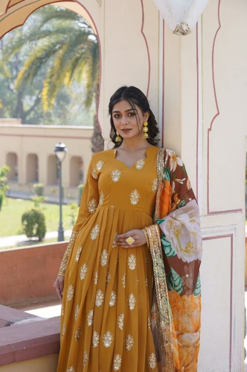 Picture of Resplendent Faux Blooming & Viscose Yellow Readymade Gown With Dupatta