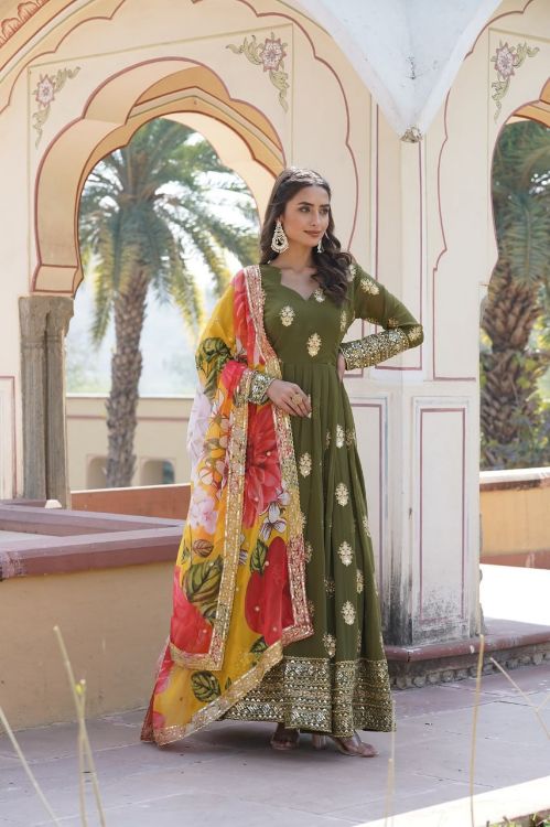 Picture of Fine Faux Blooming & Viscose Green Readymade Gown With Dupatta