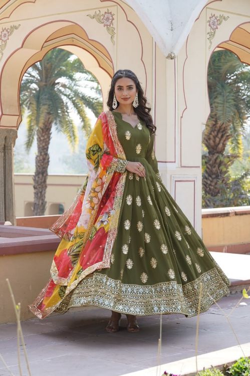 Picture of Fine Faux Blooming & Viscose Green Readymade Gown With Dupatta