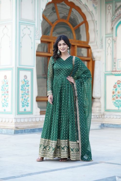 Picture of Delightful Nylon Jacquard Green Readymade Gown With Dupatta