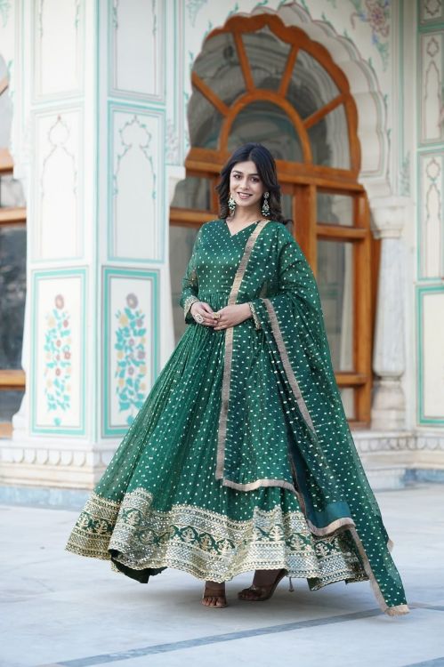 Picture of Delightful Nylon Jacquard Green Readymade Gown With Dupatta