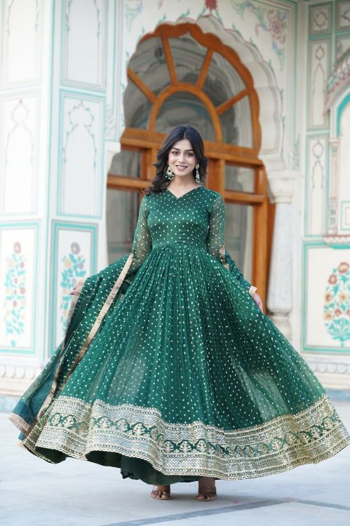 Picture of Delightful Nylon Jacquard Green Readymade Gown With Dupatta