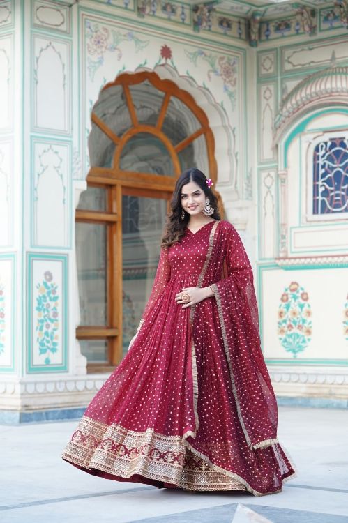 Picture of Enticing Nylon Jacquard Maroon Readymade Gown With Dupatta