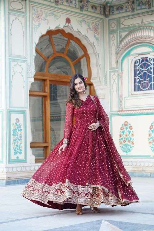 Picture of Enticing Nylon Jacquard Maroon Readymade Gown With Dupatta