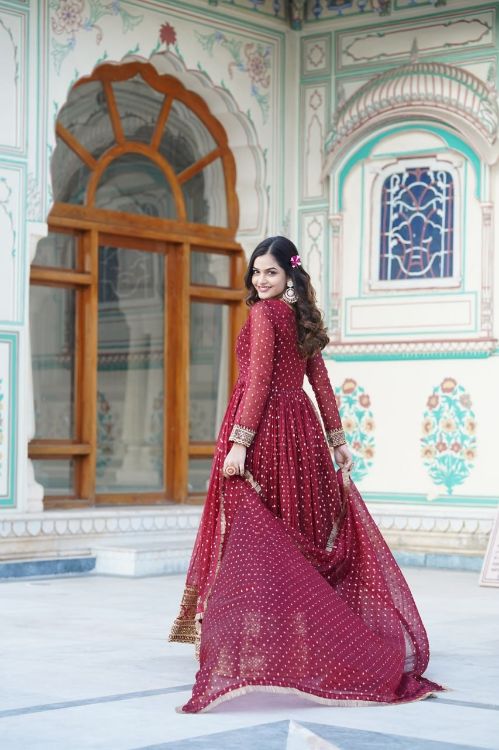 Picture of Enticing Nylon Jacquard Maroon Readymade Gown With Dupatta