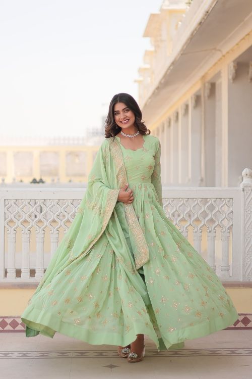 Picture of Amazing Georgette Light Green Readymade Gown With Dupatta
