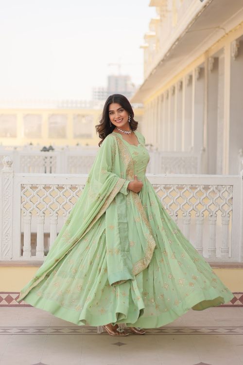 Picture of Amazing Georgette Light Green Readymade Gown With Dupatta
