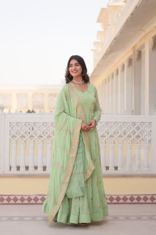 Picture of Amazing Georgette Light Green Readymade Gown With Dupatta