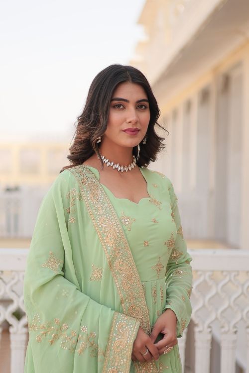 Picture of Amazing Georgette Light Green Readymade Gown With Dupatta