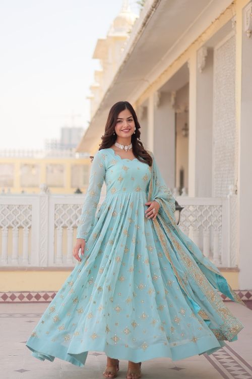 Picture of Splendid Georgette Light Sky Blue Readymade Gown With Dupatta