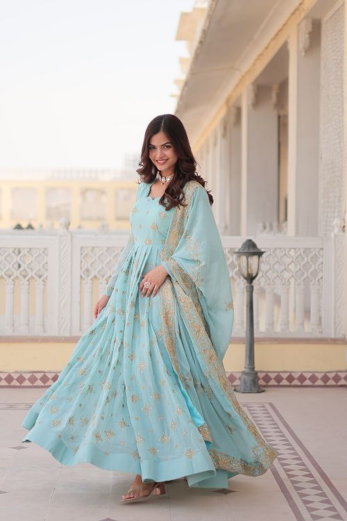 Picture of Splendid Georgette Light Sky Blue Readymade Gown With Dupatta