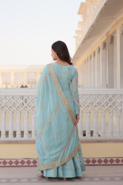 Picture of Splendid Georgette Light Sky Blue Readymade Gown With Dupatta