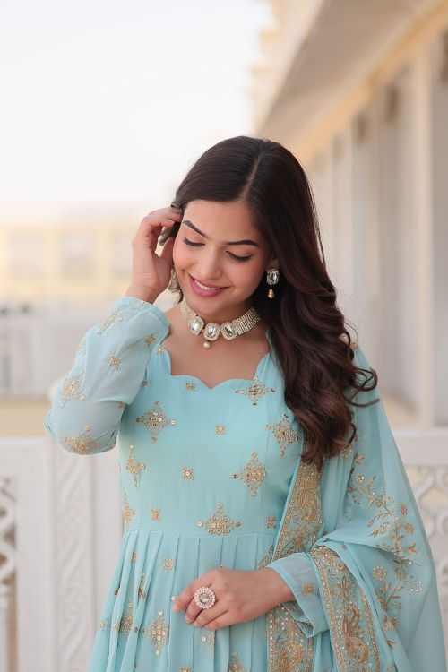 Picture of Splendid Georgette Light Sky Blue Readymade Gown With Dupatta