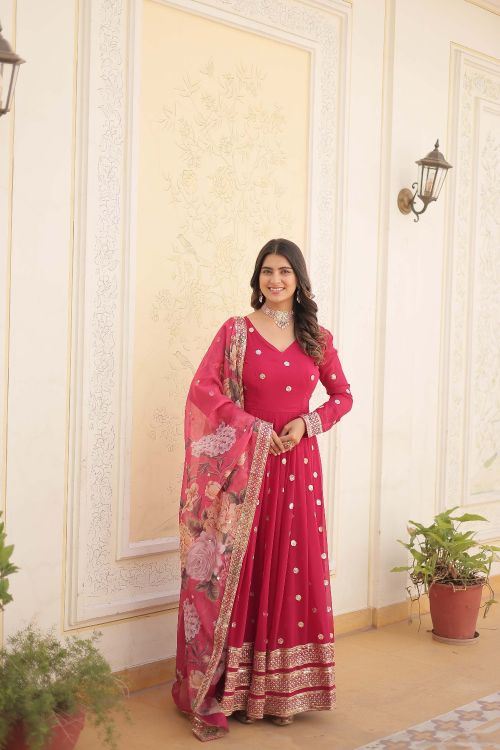 Picture of Marvelous Georgette Pink Readymade Gown With Dupatta