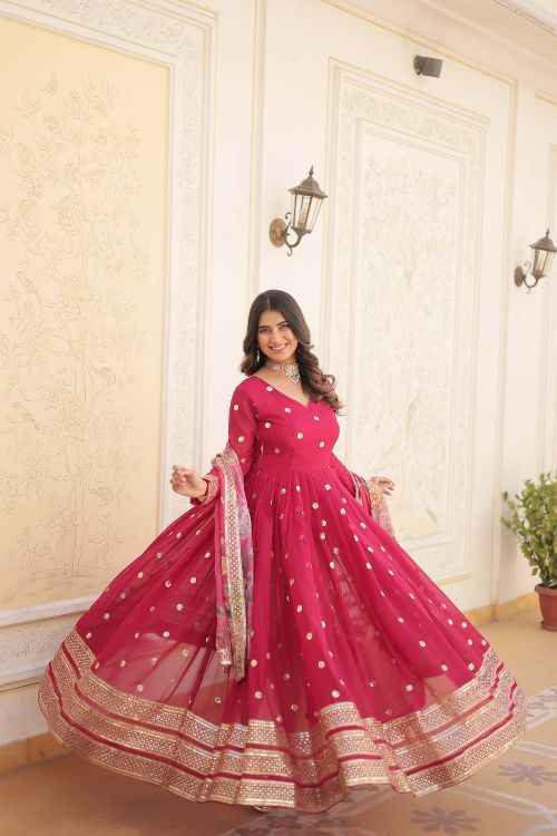Picture of Marvelous Georgette Pink Readymade Gown With Dupatta