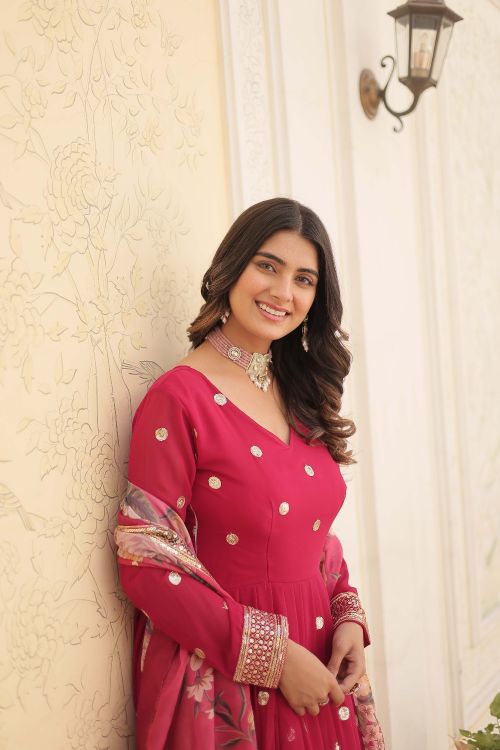 Picture of Marvelous Georgette Pink Readymade Gown With Dupatta