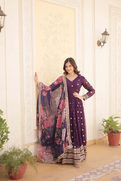 Picture of Shapely Georgette Purple Readymade Gown With Dupatta