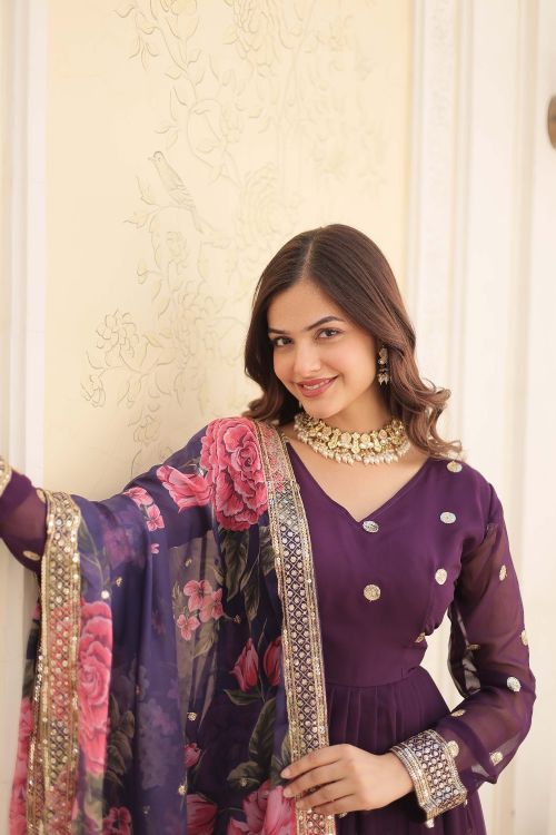 Picture of Shapely Georgette Purple Readymade Gown With Dupatta