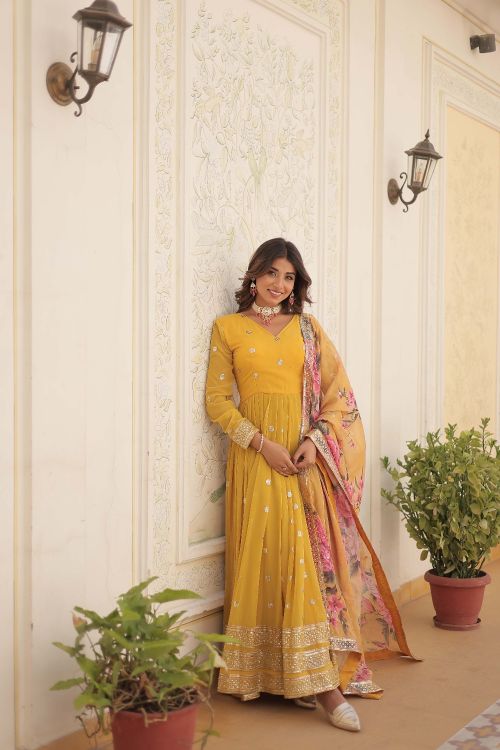Picture of Shapely Georgette Yellow Readymade Gown With Dupatta