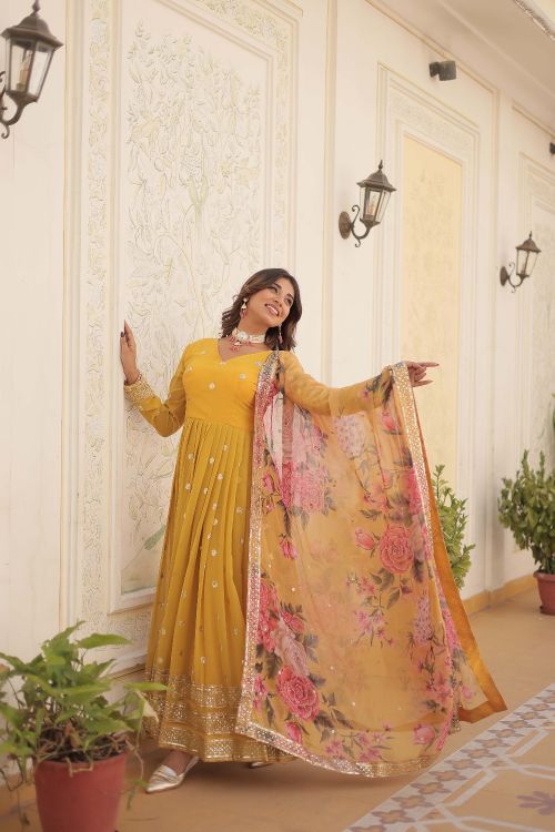 Picture of Shapely Georgette Yellow Readymade Gown With Dupatta