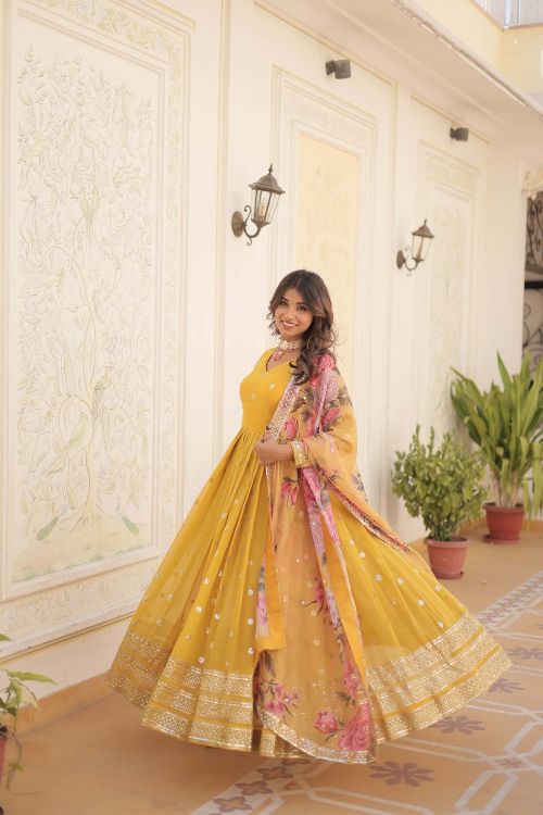 Picture of Shapely Georgette Yellow Readymade Gown With Dupatta