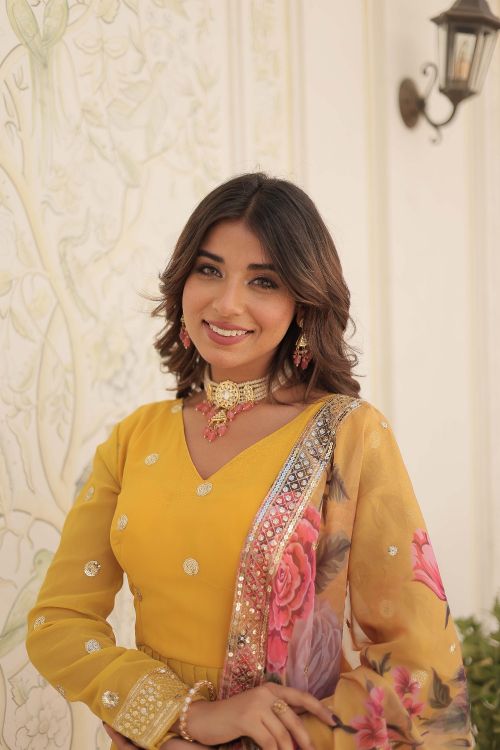 Picture of Shapely Georgette Yellow Readymade Gown With Dupatta