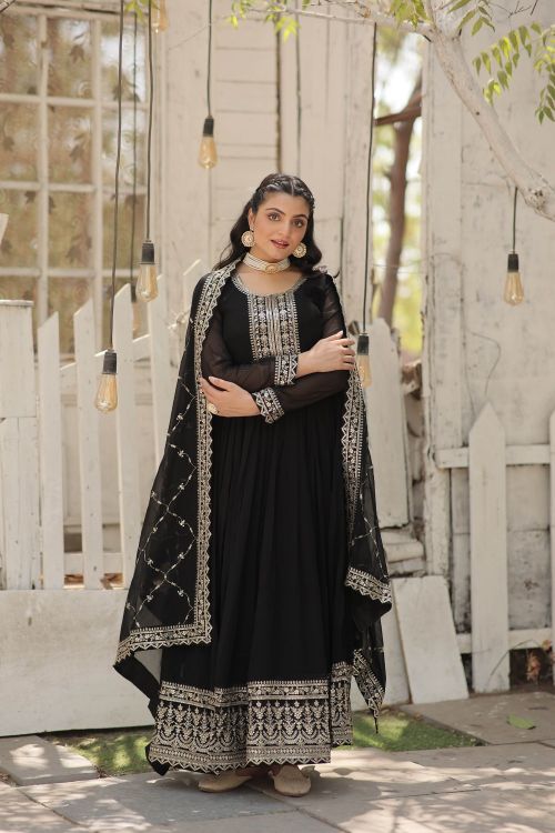 Picture of Magnificent Faux Blooming Black Readymade Gown With Dupatta