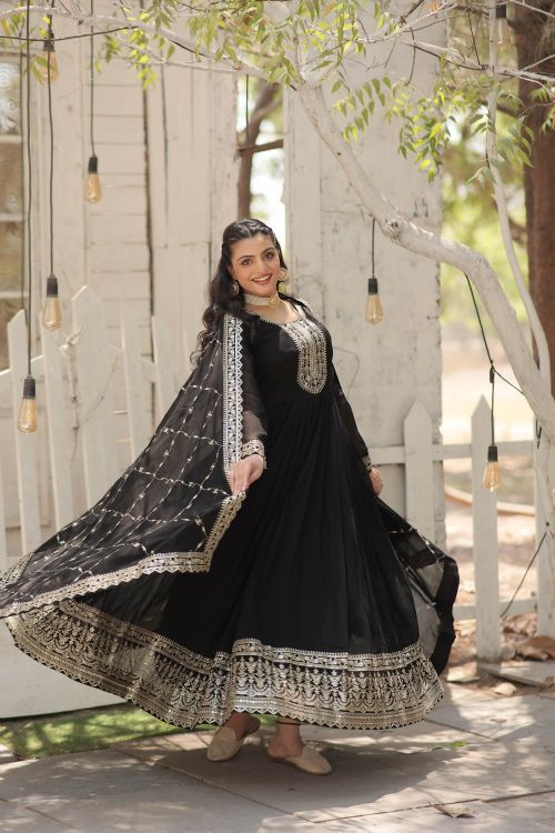 Picture of Magnificent Faux Blooming Black Readymade Gown With Dupatta