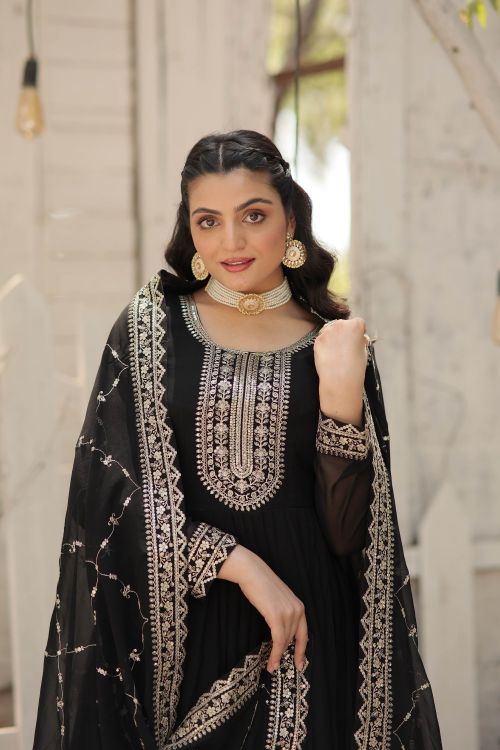 Picture of Magnificent Faux Blooming Black Readymade Gown With Dupatta