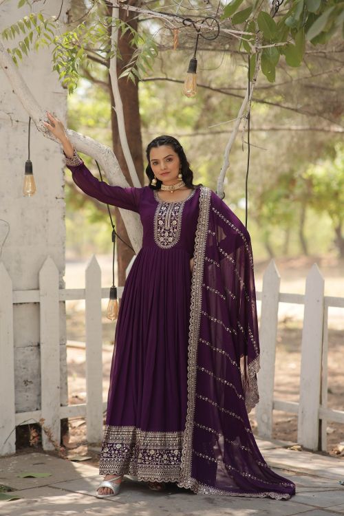 Picture of Ideal Faux Blooming Purple Readymade Gown With Dupatta
