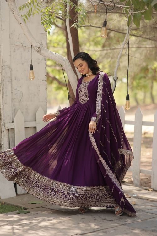 Picture of Ideal Faux Blooming Purple Readymade Gown With Dupatta