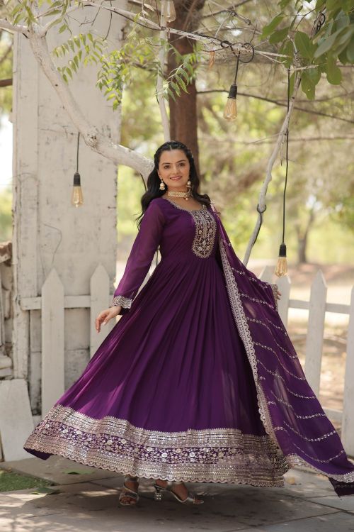 Picture of Ideal Faux Blooming Purple Readymade Gown With Dupatta