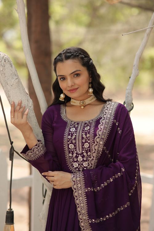 Picture of Ideal Faux Blooming Purple Readymade Gown With Dupatta