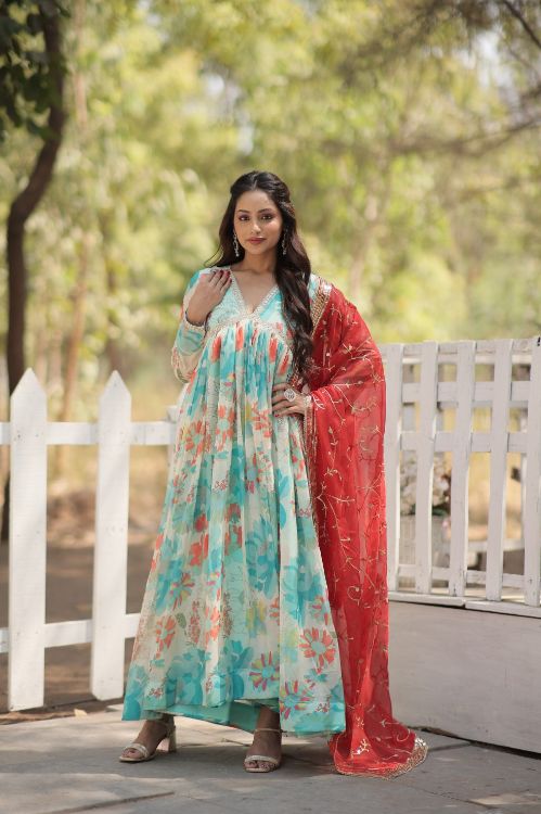 Picture of Well Formed Russian Silk Multi Readymade Gown With Dupatta