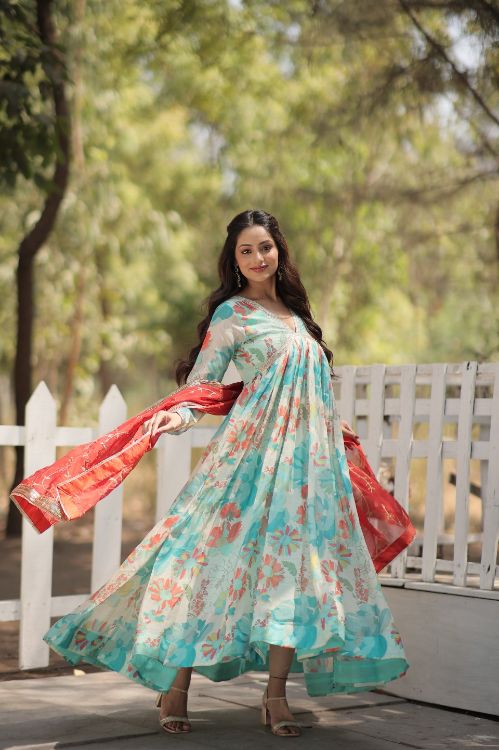 Picture of Well Formed Russian Silk Multi Readymade Gown With Dupatta