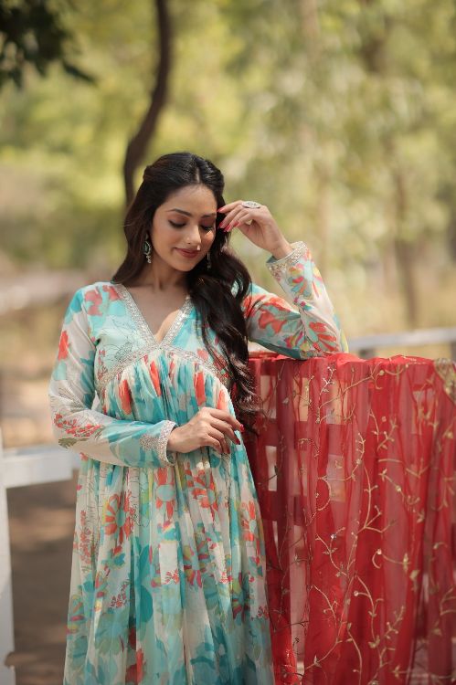 Picture of Well Formed Russian Silk Multi Readymade Gown With Dupatta