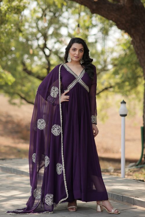 Picture of Fine Faux Blooming Purple Readymade Gown With Dupatta